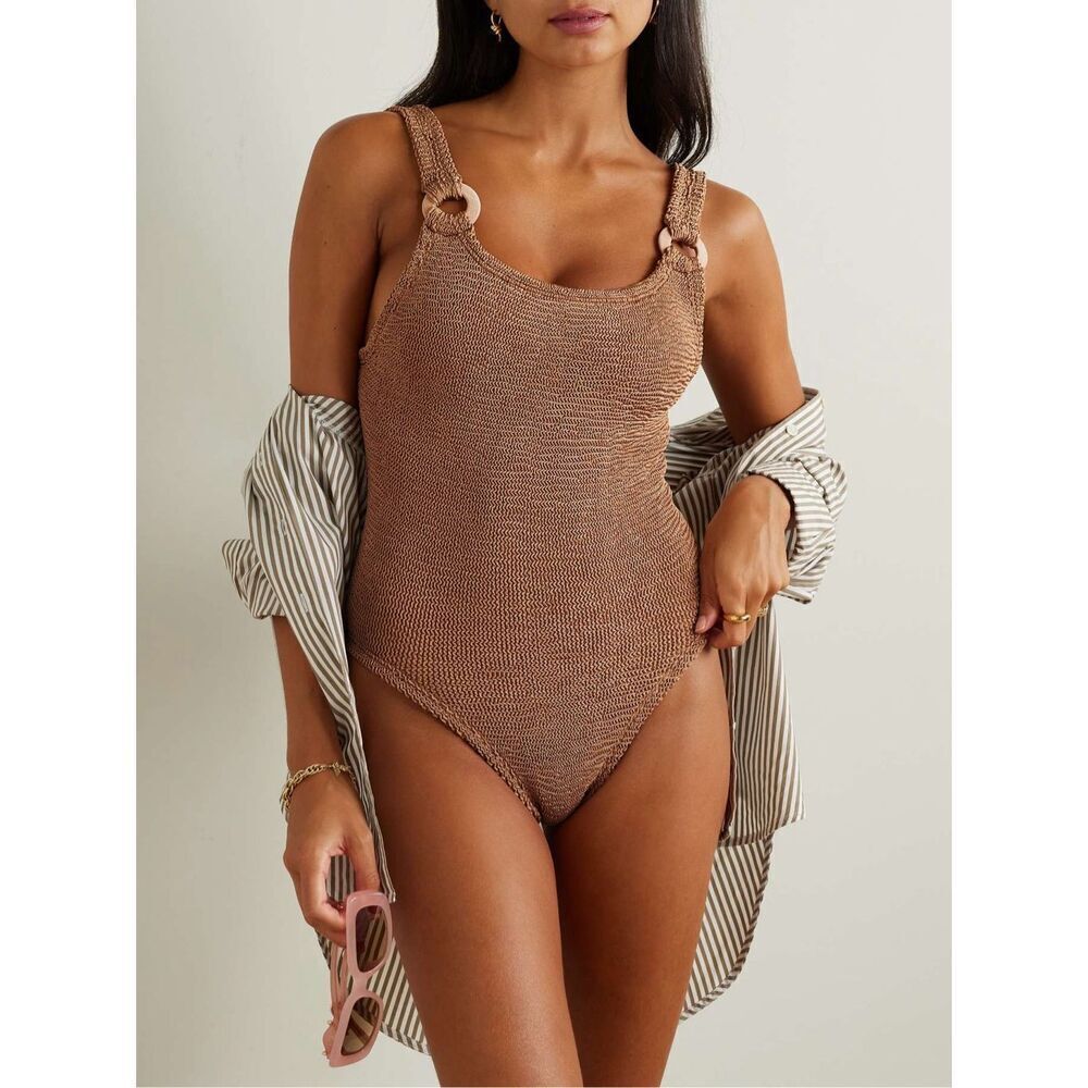 Hunza G Women Brown Domino Embellished Metallic One Piece Swimsuit One Size NWOT - Picture 2 of 10